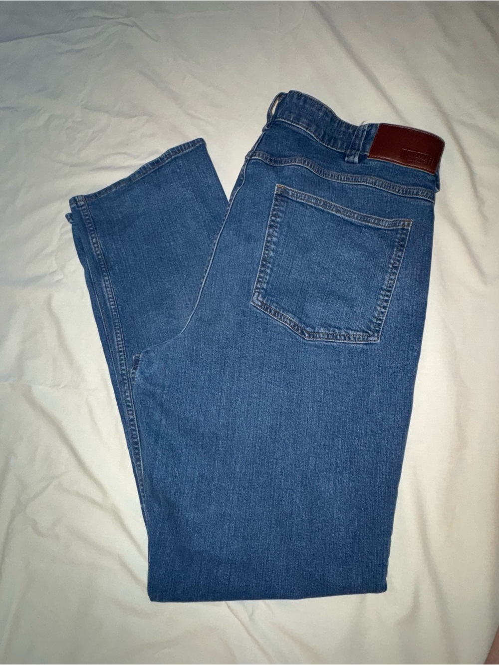 Duluth Trading Co Blue Relaxed Jeans with Brown Leather Patch